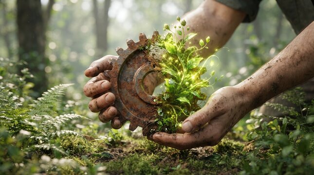 Muddy hands holding a rusty metal gear transitioning into a vibrant green plant in a forest