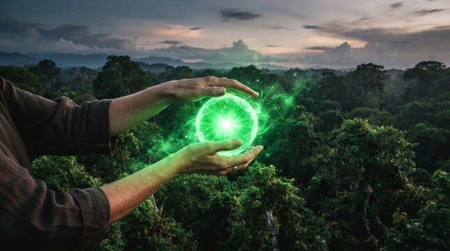 Profile of human hands holding a glowing green energy orb over a dense forest canopy at dusk