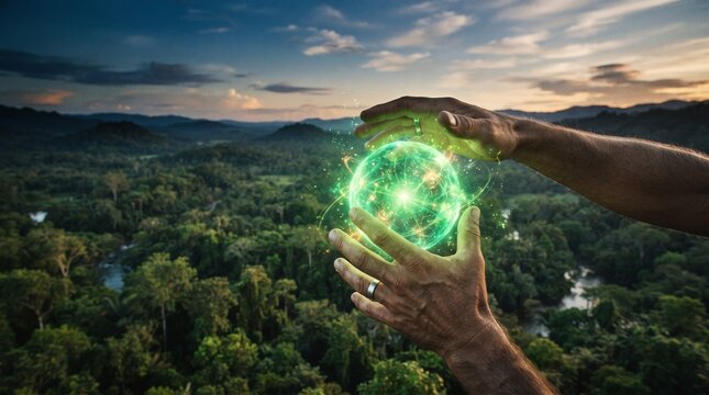 Human hands holding a glowing green energy sphere above a vast forest and landscape at sunset