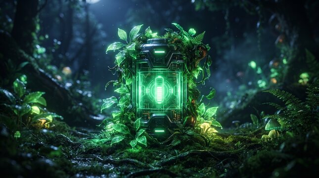 Glowing green futuristic energy container covered in moss and lush jungle plants in dark forest