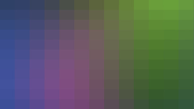 Abstract pixelated mosaic grid background with smooth color transition from blue to purple and vibrant green, modern digital pixel art texture for technology and creative design projects