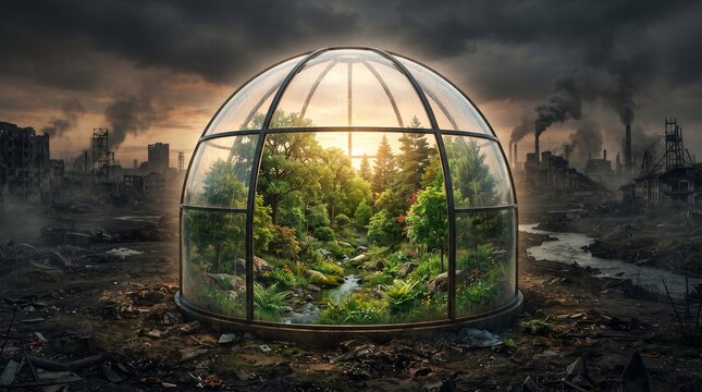 Glass dome greenhouse sheltering a thriving green forest amidst a polluted industrial wasteland