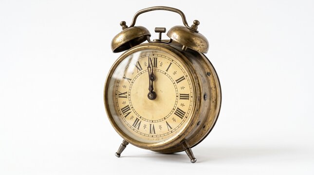 Antique brass alarm clock with Roman numerals showing twelve oclock on a white background