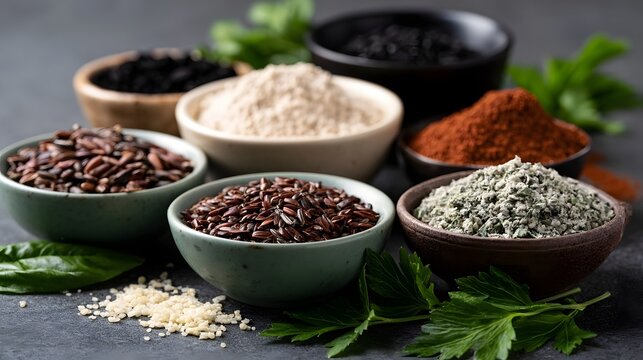 A collection of diverse whole grains and spices displayed in ceramic bowls with fresh herbs on a dark surface