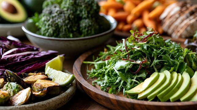 Freshly prepared plant based meal featuring arugula  avocado  roasted vegetables  and colorful produce arranged for healthy eating