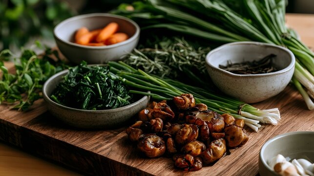 Fresh vegetables and herbs arranged on a wooden cutting board for cooking prepa n  including carrots  spinach  mushrooms  and green onions
