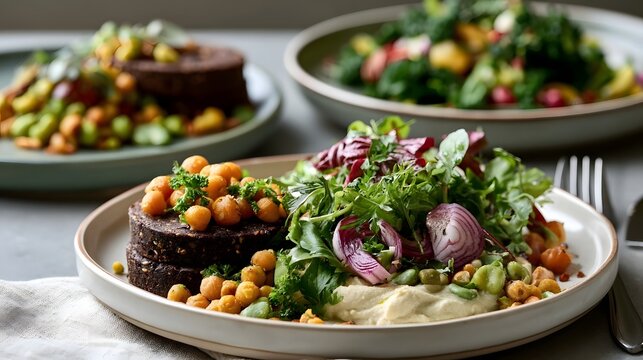 A vibrant plant based meal featuring roasted chickpeas  fresh greens  red onion  and dark textured slices on a ceramic plate