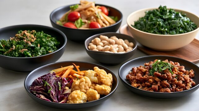 A modern arrangement of colorful plant based dishes including kale  cauliflower  chickpeas  and seasoned protein  presented in stylish bowls