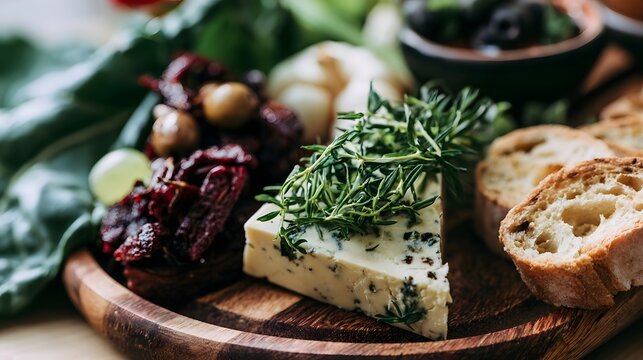 A rustic wooden board displays a wedge of blue cheese garnished with fresh thyme  alongside olives  sun dried tomatoes  and slices of crusty bread