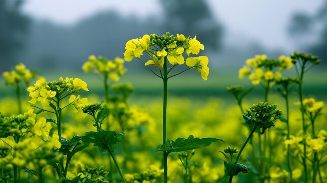 Yellow mustard flowers bloom in a misty field  their vibrant petals and green stems standing out against a soft  blurred background