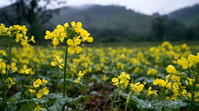 Yellow mustard flowers bloom in a lush field with misty hills in the background after rainfall
