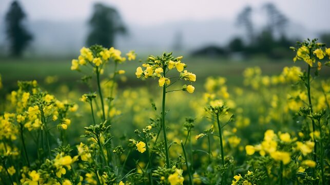 A field of yellow flowering plants with green stems under soft atmospheric light  creating a peaceful and airy natural landscape