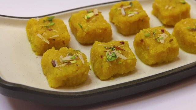 Milk pudding or milk barfi garnished with pistachio on white plate