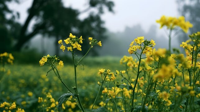 Yellow mustard flowers bloom in a misty field with soft atmospheric light and dew on leaves