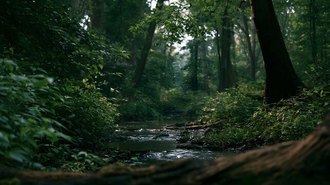 A narrow stream winds through a lush  green forest with tall trees and dense undergrowth  bathed in soft  diffused light
