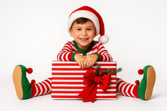 Happy little boy in striped elf pajamas and Santa hat holding gift box with red bow on white background, Christmas photo