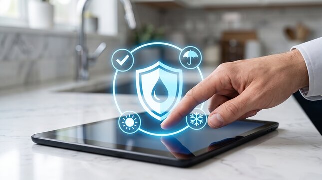 Smart water protection concept on tablet for home automation, intuitive touch interface controlling plumbing safety and leak prevention applications in modern interior