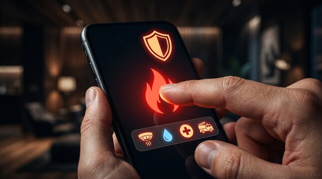 Smart home control app, mobile fire and safety icons, user interaction, home automation interface, smart phone technology, digital security shield, fire alarm alert