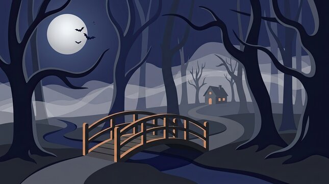 A spooky cartoon forest scene at night featuring a wooden bridge over a stream under a full moon
