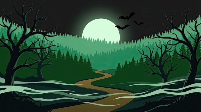 Pixel art landscape featuring a winding path through a dark forest under a glowing full moon at night