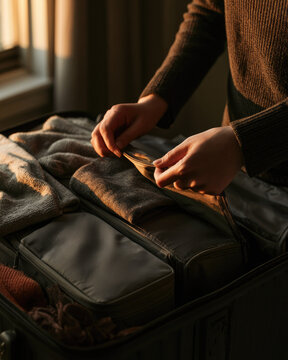 Packing suitcase packing cube travel organizer adult hands pulling compression zipper warm window light