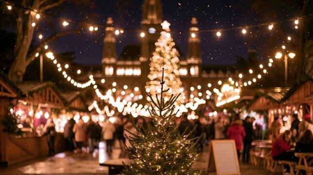 Glowing Christmas tree in a festive city market square with wet pavement and ornate architecture, for winter tourism and holiday travel campaigns