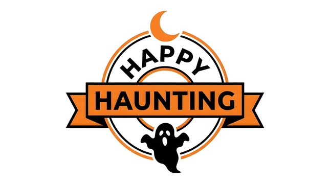 Halloween banner with ghost and Happy Haunting text for spooky seasonal promotions.