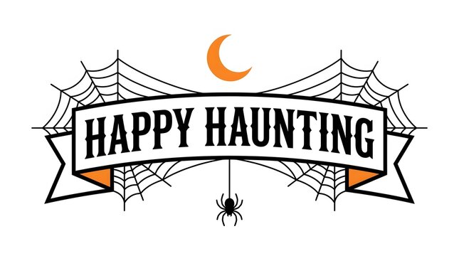 Halloween party banner with haunted house and full moon for spooky celebration decor.