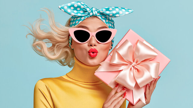 Beautiful fashionable cheerful young woman with a gift box