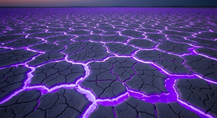 Fototapeta premium Surreal cracked earth landscape with glowing purple liquid flowing between cracks