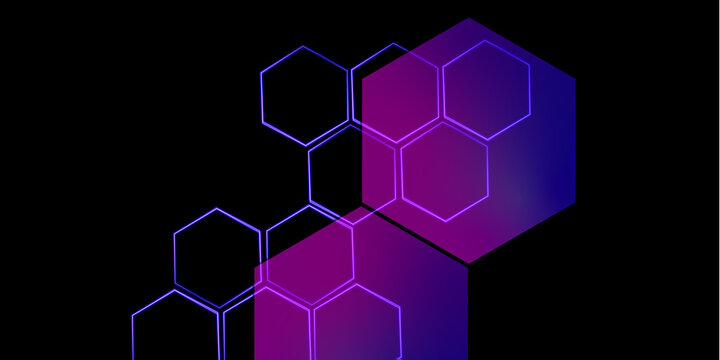 Abstract purple and blue hexagon pattern, glowing tech honeycomb grid mesh isolated on black background