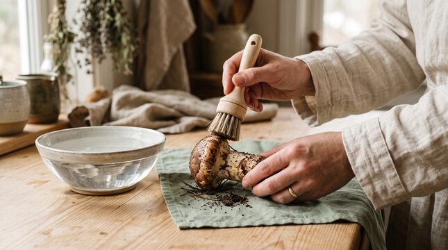 Hands brushing forest soil off fresh wild Matsutake Songi mushroom with soft wooden brush