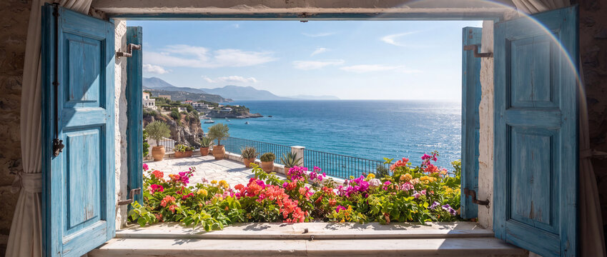 Open window overlooking scenic Mediterranean sea with rustic blue shutters, blooming summer flowers on the stone balcony, sunny coastal resort landscape for vacation travel concepts