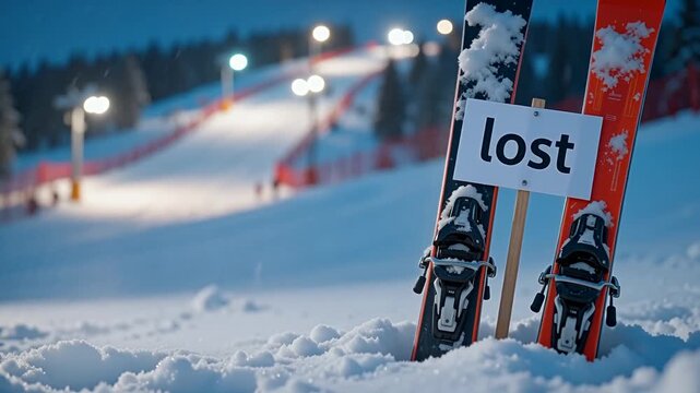 Pair Of Skis Stuck In Snow With A Small Sign Lost Cold Blue Light