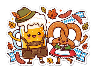 Fototapeta premium Kawaii Oktoberfest sticker design with cute beer mug and pretzel characters in traditional Bavarian clothing