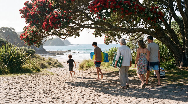 A family heads to the beach in New Zealand. They walk along a sandy path lined with trees and flowers. Children lead the way while carrying beach items and enjoying the day