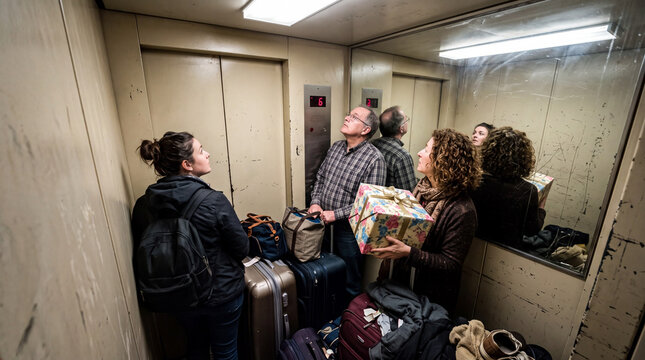 Inside a small residential lift, three people stand among bags and boxes. The group looks up, waiting for the elevator to move to their desired floor