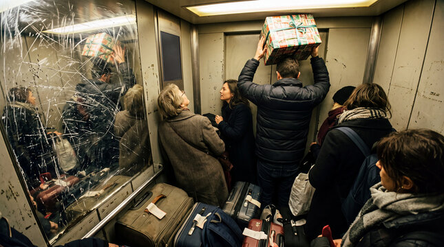 People stand closely in a small lift carrying luggage and a large wrapped box. It is a busy time inside a residential building. Conversations are occurring among the group