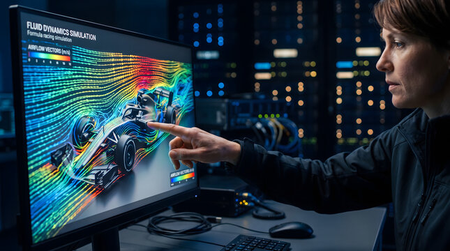 Engineer analyzing race car aerodynamic fluid dynamics simulation on high resolution computer monitor in dark lab.