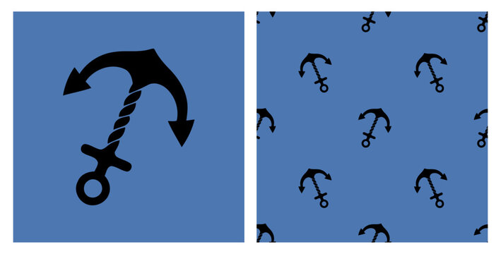 Black nautical anchor collection featuring a stylized curved anchor icon and seamless repeat pattern on a blue background in simple flat vector style for marine fabric, wallpaper and wrapping paper.
