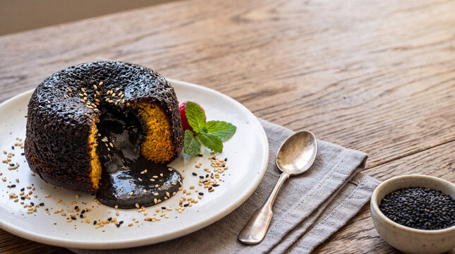 Bitter Chocolate Lava Cake with Flowing Dark Center, 2026 Bitterness Trend Dessert, 45-Degree Angle, Copy Space