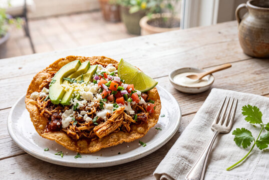 Mexican Chicken Tinga Tostada Bowl with Avocado and Crema, Smoky Shredded Chicken, 45-Degree Angle, Copy Space