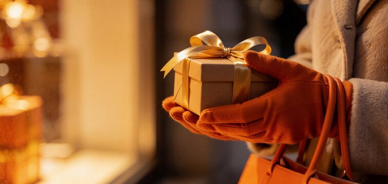 Womans gloved hands holding a wrapped gift while walking with Christmas shopping bags, bathed in warm amber light.