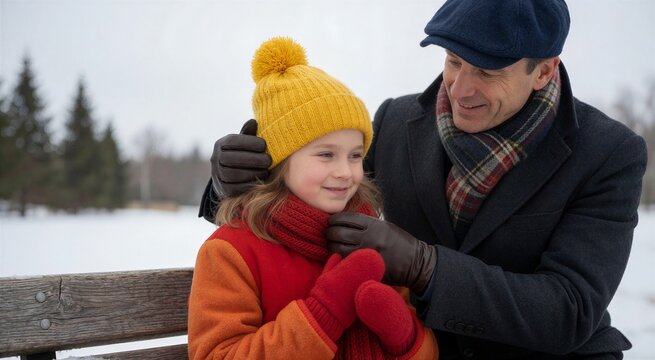 Winter walk in snowy park on Christmas with a father and daughter sharing a warm moment on a wooden bench.