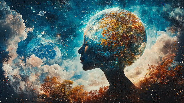 Woman's silhouette with a cosmic landscape inside her head  