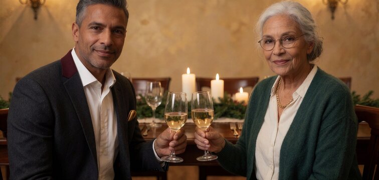 A candid moment capturing a Christmas toast at dinner between a man and an older woman, sharing a warm, intimate celebration.