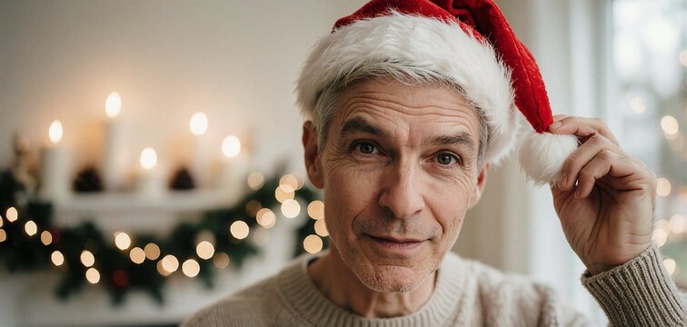 Elderly man in Santa hat smiling during a Christmas dinner conversation, warmly lit with festive bokeh background.