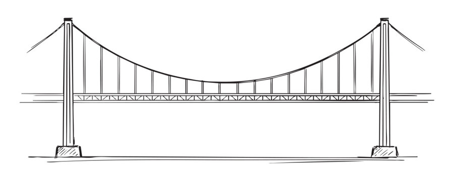 Cable stayed suspension bridge vector drawing showing thin vertical hangers and solid foundations.