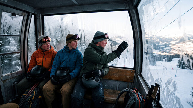 A group of three friends sits inside a gondola cabin while riding up a snowy mountain. They wear ski helmets and enjoy views of the winter landscape outside