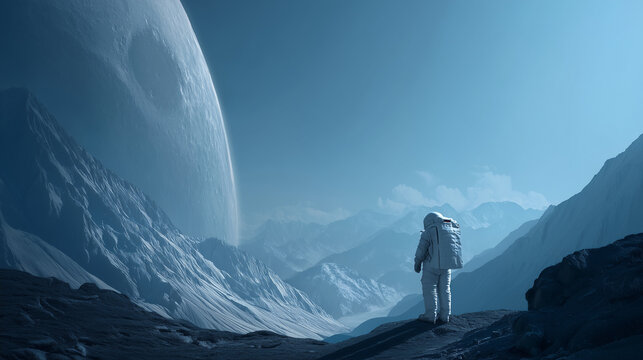 Astronaut standing on alien landscape under a large moon  